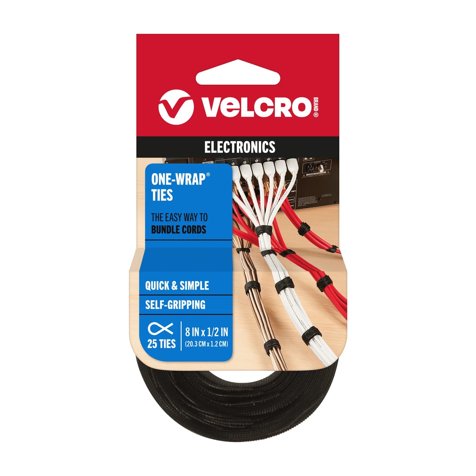 VELCRO Brand ONE-WRAP Cable Ties (8 in x 1/2 in, Black, 25-Pack)