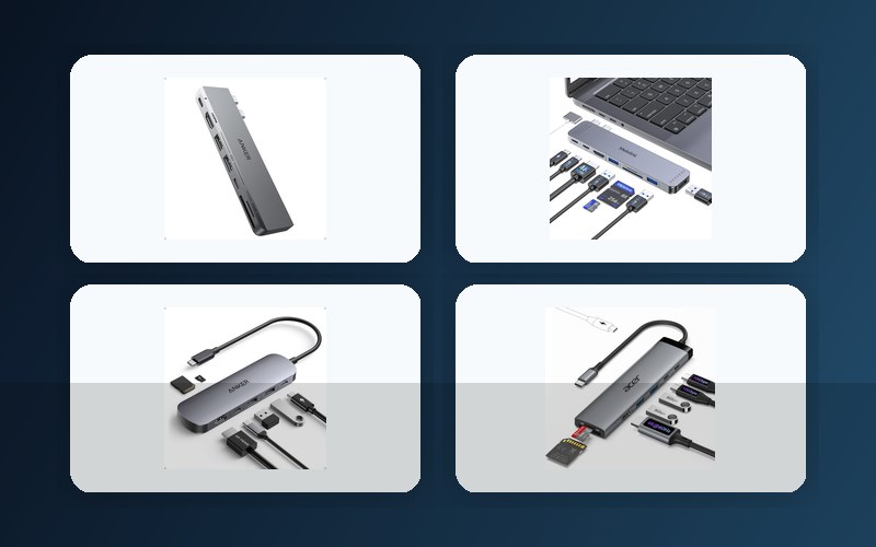 Product collage of reviewed USB-C hubs