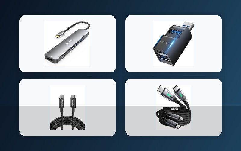 Product collage of reviewed portable USB hubs and cables